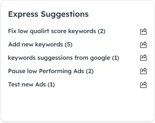 PPC suggestions including keyword fixes and ad testing actions